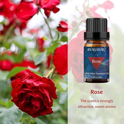 BURIBURI Rose Oil and Jasmine Essential Oil, 2Pcs 100% Pure Aromatherapy Rose Essential Oil Gift Set for Diffuser, Massage, Soap Candle Making
