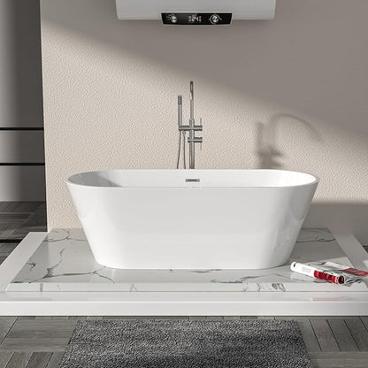 Logmey 67 Inch Freestanding Bathtub White Acrylic Oval Shape Soaking Tub with Chrome Drain & Overflow Assembly for Classic and Modern Bathrooms