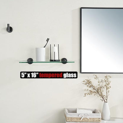 JQK Bathroom Glass Shelf Oil Rubbed Bronze, Tempered Glass Shower Storage 16 by 5 inches, 304 Stainless Steel ORB Wall Mount, TGS101-ORB