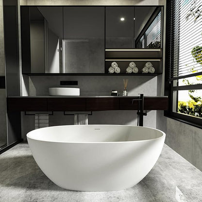 Cpingao 55" Freestanding Bathtub, Oval Shaped Stone Resin Freestanding Tubs, Solid Surface Matte White Soaking Tub with Overflow and Pop-up Drain