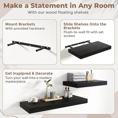 24 Inch Floating Shelves for Wall Set of 2, 12"D Wood Grain Bathroom Shelves with Invisible Brackets, Easy Install Engineered Wood Storage Shelves for Kitchen, Living Room, Bedroom, Black Finish