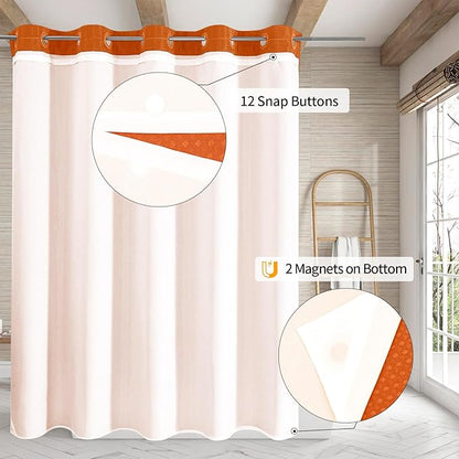 MitoVilla No Hooks Needed Extra Long Shower Curtain Liner Set, Orange 86 inch XL Heavyweight Waffle Fabric Cloth Shower Curtains Set with Snap-in Liner for Modern Luxury Hotel & Spa Bathroom Decor