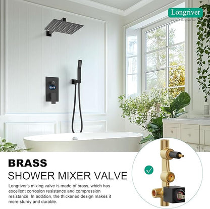 Shower Faucet Set with Hydro Power Temperature Display, Shower System Bathroom 10 Inches Shower Head with Handheld Spray, Wall Mounted Shower Fixtures with Shower Valve and Trim Kit, Matte Black