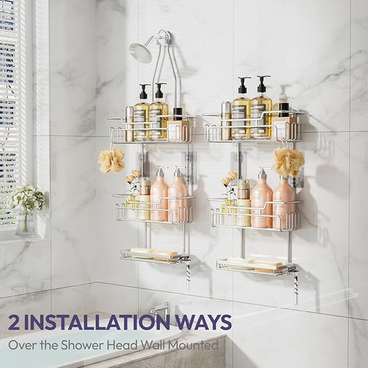 SWTYMIKI Bathroom Shower Caddy Hanging - 3 Tier Rustproof Over Shower Head Organizer, No Drilling Bathroom Shelf with 16 Hooks & Soap Holder, Anti-Swing Rack, Sand Nickel, Medium