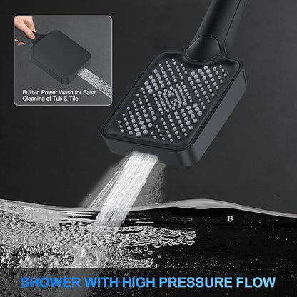 Shower Faucet Set, 10" Wall Mount Rainfall Shower System with 2 Rain Shower Head and Multi-function Handheld Head Push Button Diverter Shower Faucet Trim Kit Matte Black