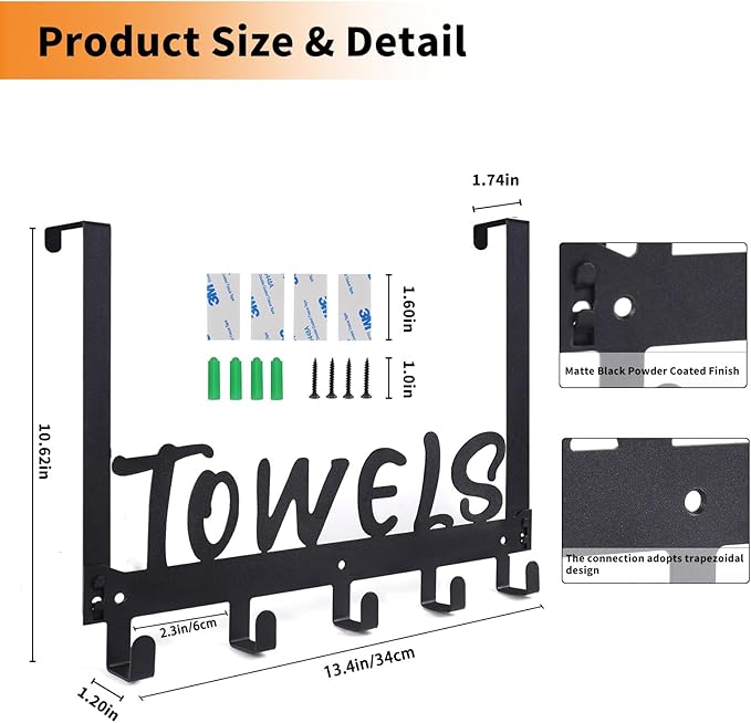 Over The Door Hook, Towel Holder Towel Hook for Bathroom, Towel Hanger Door Rack with 5 Coat Hooks, Over The Door Hanger Towel Rack for Bathroom, Bedroom Towels Coats(White)