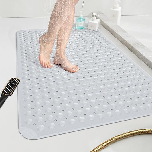 OTHWAY Large Shower Mat 34"x 23", TPE Non Slip Shower Mat for Walk in Shower Stall, Inside Shower Mats with Drain Holes Suction Cups, Anti-Slip for Elderly Kids (Light Grey)