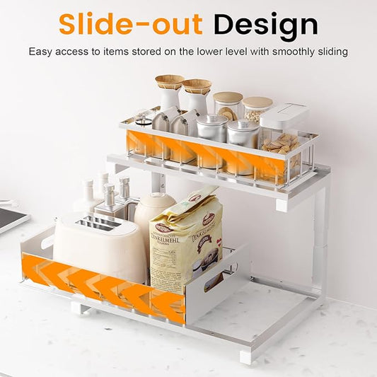 2 Pack Under Sink Organizer, Heavy Duty Meta Slide Out Sink Shelf Organizer Height Adjustable, Multi-Purpose Storage Shelf for Kitchen Bathroom (Silver,2Pack)