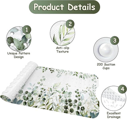 Bathtub Mat Non Slip, Sage Extra Long Bath tub Mat Shower Floor Mat with Suction Cups and Drain Holes for Adults Kids Elderly 40 X 16 Inch