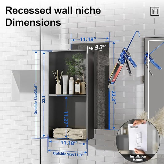 Bathbliss Shower Niche, No‑Tile Recessed Wall Niche, 11.18"x22.3" SUS304 Stainless Steel Double Shelf, Leak‑Proof Waterproof for Bathroom Storage, Matte Black