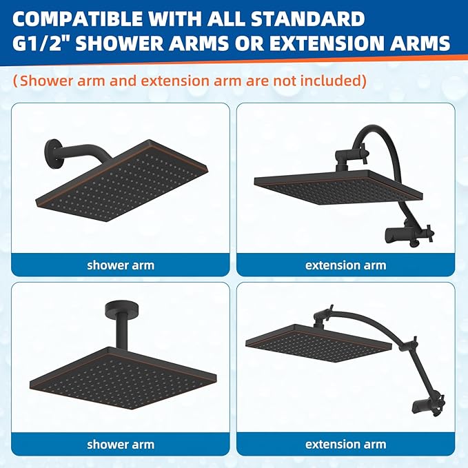 Hibbent Thickness Metal Rain Shower Head, 12 Inch High Pressure Shower Heads, Large Bathroom Rainfall Shower Head with Adjustable Brass Ball Joint, Waterfall Full Body Coverage, Oil Rubbed Bronze