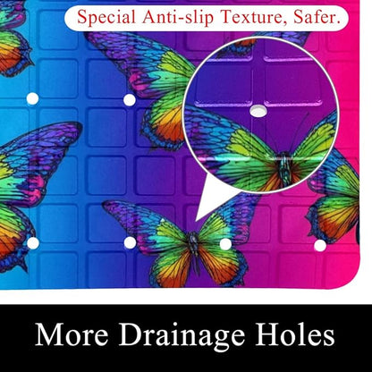 Bath Tub and Shower Mats, Non Slip Bathmat with Drain Holes and Suction Cups for Bathroom Floor, 15.1 x 26.8 Inch (Colorful Butterflies on Vibrant Gradient Background)