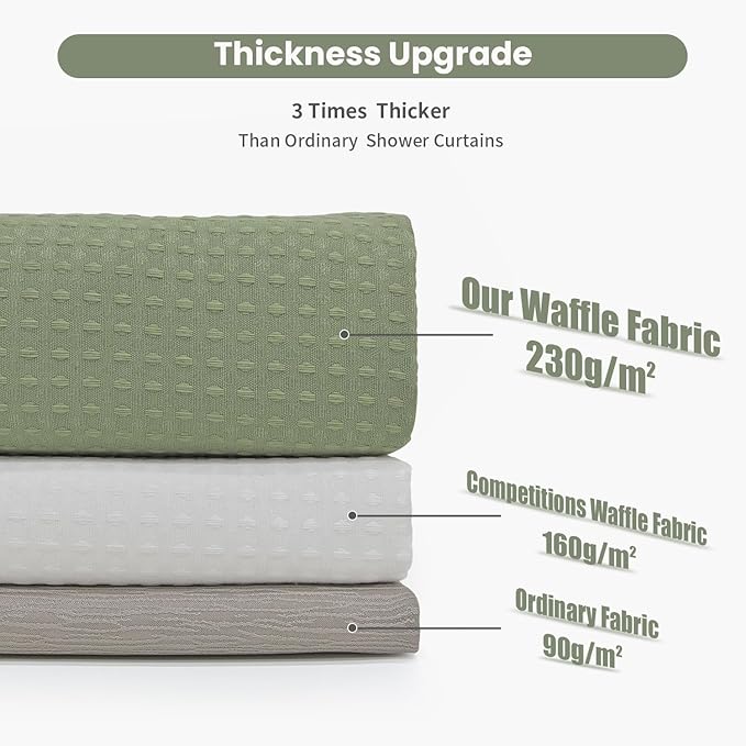 Inhousolu Fabric Shower Curtain Waffle Weave, Sage Green 230 GSM Heavy Duty, Weighted Hem, 12 Metal Hooks, Water Repellent, Machine Washable, Hotel Spa Luxury Bath Curtain Set, 54 x 78 Inch