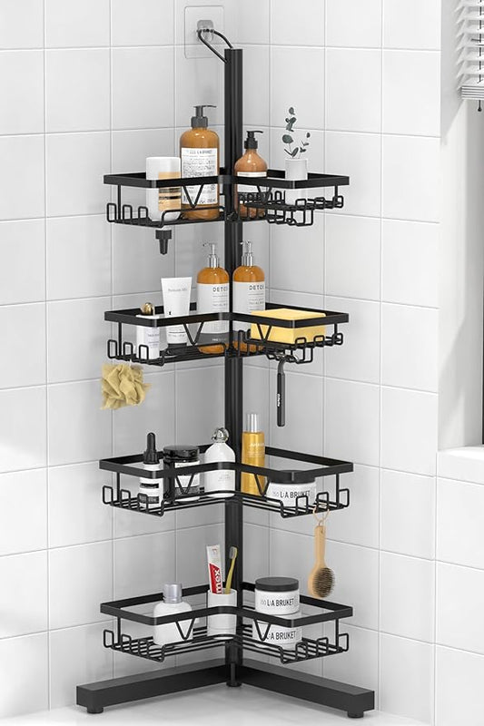 KEGII Corner Shower Caddy Standing – 4-Tier Shower Shelf Organizer with Hooks & Soap Holder, Free-Standing Bathroom Storage Rack for Shampoo & Toiletries, Black