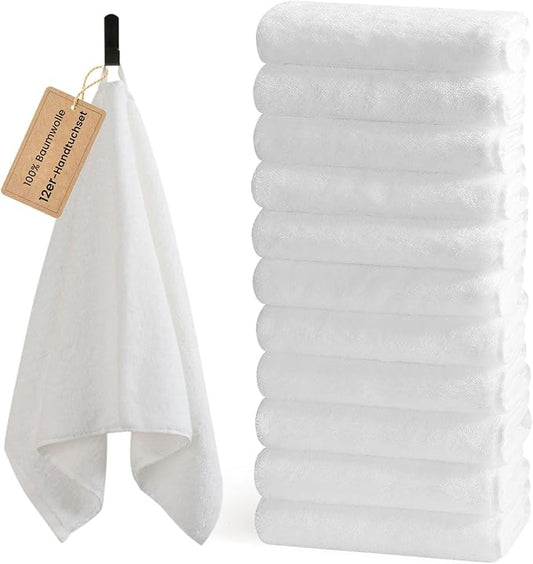 SEMAXE 12 Pack Hand Towels for Bathroom, 100% Cotton Towels with Hanging Loops, Soft and Highly Absorbent, Hand Towel Set for Gym, Shower, Hotel, Spa and Kitchen, White