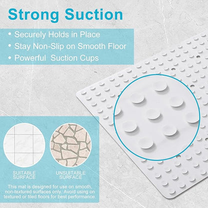 Non-Slip Bath Mat for Tub & Shower：Silicone Foldable Bathtub Mat with Strong Suction Cups, Quick Drain Holes, Machine Washable Extra Large Bathroom Mats 35.8" x 17.7", White