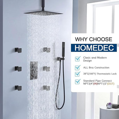 HOMEDEC Brass 3 Way Shower Diverter Valve, Thermostatic 3 Handle Control Shower Mixing Valve Trim Kit Replacement, Rough In, Black