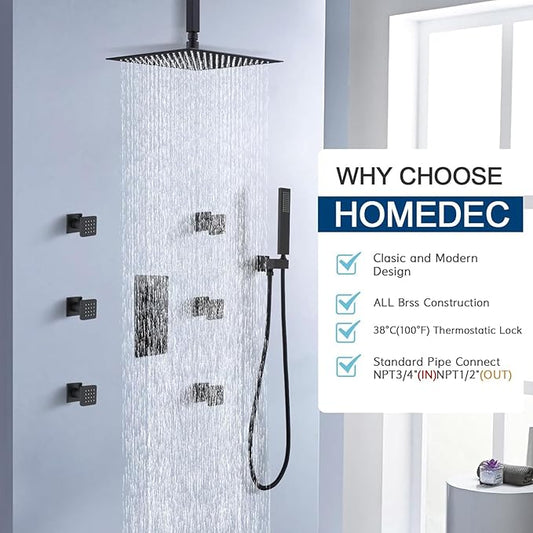 HOMEDEC Brass 3 Way Shower Diverter Valve, Thermostatic 3 Handle Control Shower Mixing Valve Trim Kit Replacement, Rough In, Black
