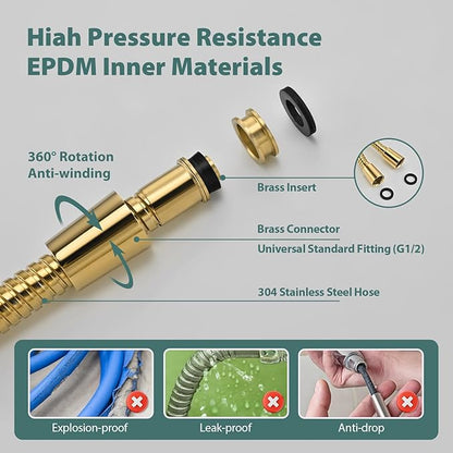Shower Hose Replacement For Cleaning 304 Stainless Steel Shower Head Hoses 59 Inches High Pressure Bidet Hose Flexible Rose Gold Extension Showerhead Hoses Extra Long (Gold, 48 In)