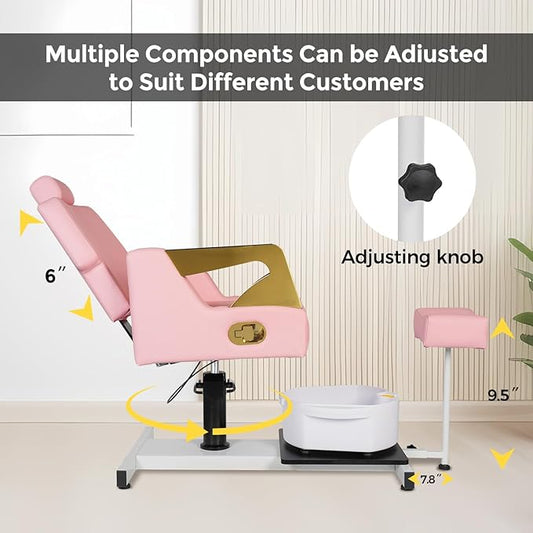 Reclining Pedicure Chair with Stool, Pedicure Station with Foot Massage Basin 360° Swivel Pedicure Chair Hydraulic Adjustable Height for Foot Spa Unit Station Pink