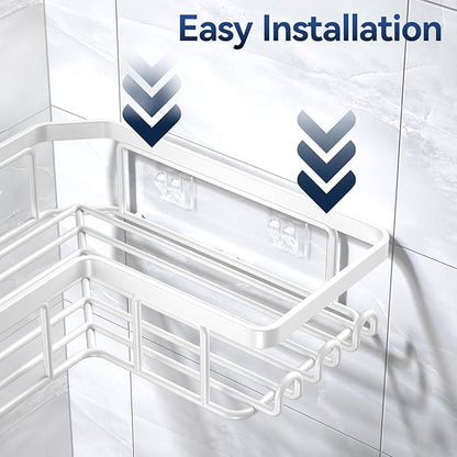 YASONIC Corner Adhesive Shower Caddy, with Soap Holder and 12 Hooks, Rustproof Stainless Steel Bathroom Organizer, No Drilling Wall Mounted Rack, White, 3-Pack