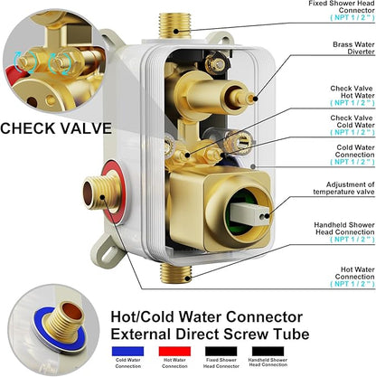 Shower System Modern Rain Brass Faucet Set With Valve and Diverter Shower Mixer With Handheld High Pressure Square Rainfall Shower Valve (12'' Wall Mount, Brushed Gold)