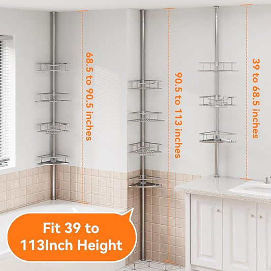 Corner Shower Caddy Tension Pole Rustproof, 4 Tier Adjustable Shower Organizer Tension Pole, 25-125 Inch Bathroom Shower Organizer for Bathtub Shampoo Storage, Silver