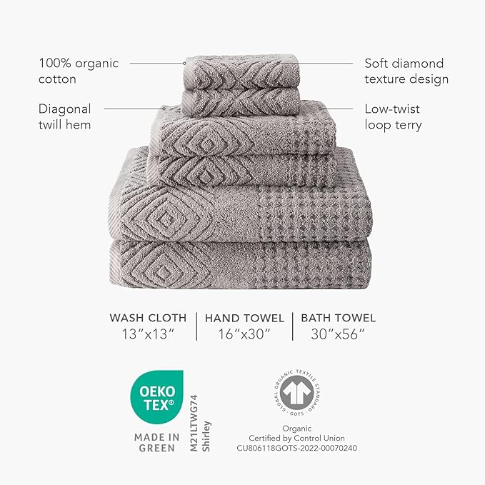 Texere 100% Organic Cotton Diamond Jacquard 700 GSM Luxury Bath Towel Sets, Soft and Absorbent Hotel Quality, Bath Towels, Hand Towels, Washcloths (Diamond, Bright White, 6 Piece)