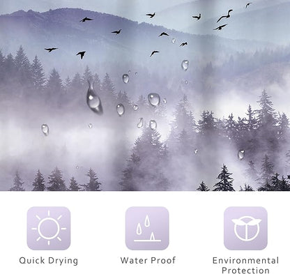 Riyidecor Purple Shower Curtain 72Wx96H Inch Extra Long Mountain Nature Woodland Scenery Park Scene View Foggy Pine Tree Alpine Cool Mens Bathroom Decor Fabric Polyester Waterproof 12 Pack Hooks
