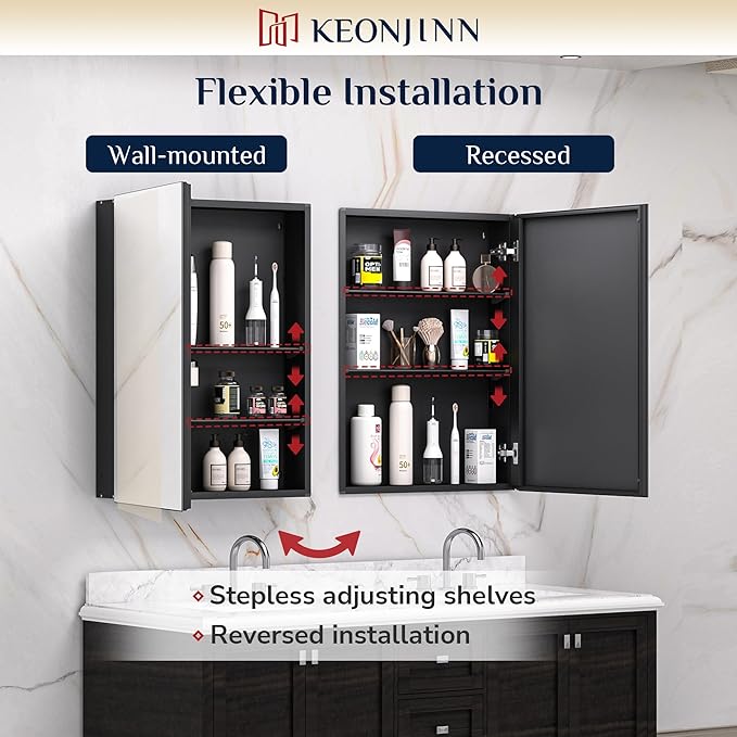 Keonjinn 48 x 26 Inch Medicine Cabinet, Assembly Required, Black Bathroom Medicine Cabinets Mirror, Lightweight, Adjustable Shelves, Surface Mount or Recessed, Tempered Glass