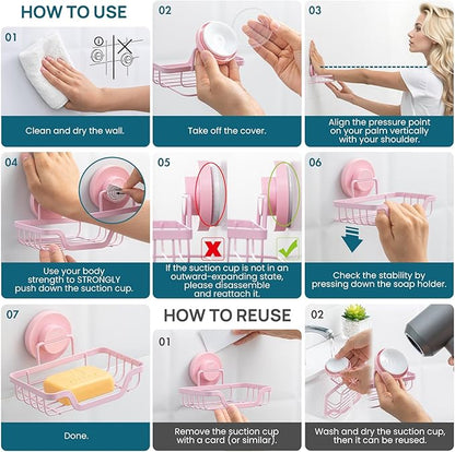 TAILI Soap Holder Bar Dish Suction Cup, Bar Shampoo Rack for Shower Wall, Draining Soap Saver Tray for Bathroom, Rustproof Stainless Steel Sponge Holder for Tub, Kitchen, Drill-Free, Pink