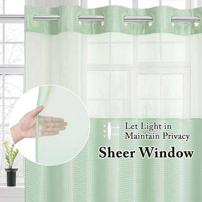Gibelle No Hook Waffle Weave Shower Curtain with Snap-in Fabric Liner Set for Bathroom, Hotel Style with Mesh Top Window, Waterproof & Washable, Mint Green, 72x74