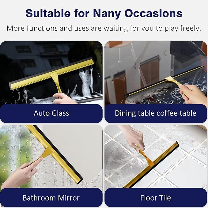 TOOVEM 12 Inch Shower Squeegee for Glass Doors, Window, Bathroom, Car Windshield, Shower Cleaning Tools with S Hook, Square Sticky Hook（Gold）