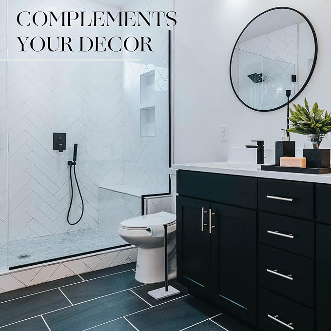 MARMOLUX ACC Free Standing Matte Black Toilet Paper Holder Stand White Marble Base and Storage - 4 Jumbo Roll Bathroom Hardware Toilet Tissue Organizer - Stainless Steel Bathroom Decor Accessory