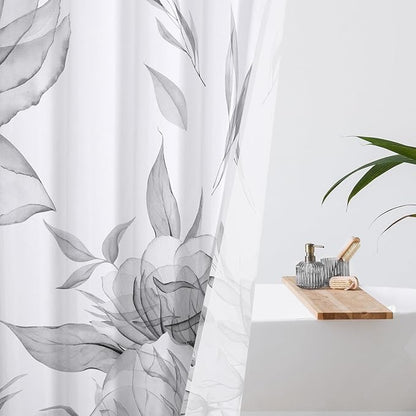 Grey Boho Watercolor Floral Shower Curtain, Ink Painting Style Blossom & Leaf Shower Curtains for Chic Elegant Bathroom, Artistic Fabric Cloth Flower Shower Curtain, 72x72