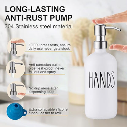 Glass Soap Dispenser for Kitchen,Farmhouse Kitchen Dish Hand Soap Dispenser Set,Rustproof Pump Soap Lotion Dispenser Set with Tray and Dish Brush,Kitchen Decor White-Silver Pump