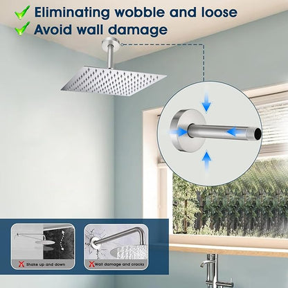 6 Inch Straight Shower Arm with Flange and Stabilizer Bracket, Ceiling Mount Replacement Rain Shower Head 304 Stainless Steel Arm For Fixed Shower Head, Brushed Nickel