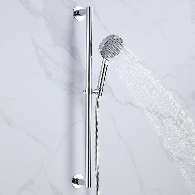 RRAJJ Shower Slide bar That is Installed by pasting or Punching Holes，Adjustable Height 28 inch of All SUS304 Stainless Steel Shower Head Holder(All Stainless Steel- Chrome)