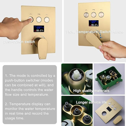Brushed Gold Shower System with 12 inch Ceiling Mounted Shower Head and Handheld Shower, 4 PCS Body Jet, with Digital Temperature Display Function