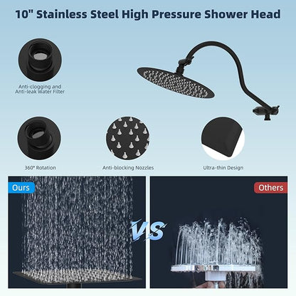 Hibbent All Metal CUPC Certified Shower Head, 10'' High Pressure Rainfall Shower Head, Handheld Showerhead Combo with 12'' Adjustable Extension Arm, 10-Spray, 71'' Hose, Shower Holder, Matte Black