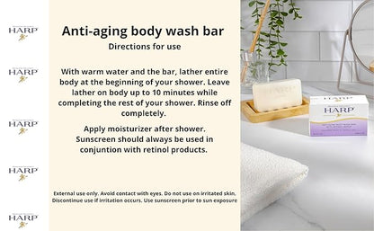 HARP Anti-Aging Body Wash Bar With Retinol + Niacinamide, Vitamin E, Hyaluronic Acid. 100% Syndet Base. Soap/Lye/Dyes and preservative-free. Non-comedogenic. FRAGRANCE FREE. 5oz