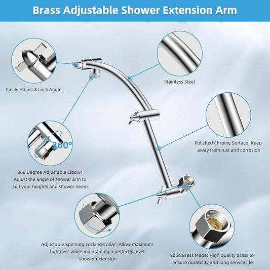 Hibbent All Metal cUPC Certified Rain Shower Head, 12'' High Pressure Rainfall Showerhead with 16" Shower Head Extension Arm, Solid Brass Adjustable Shower Arm Extender, fixed Showerheads, Chrome