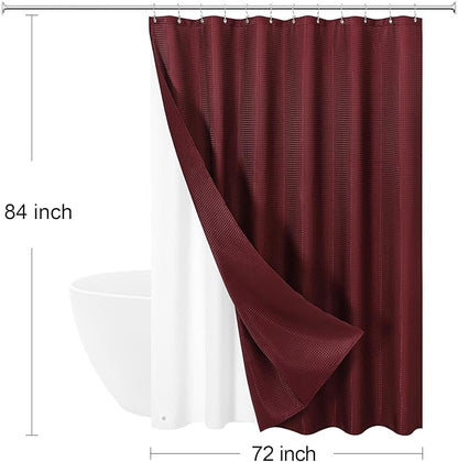 3 in 1 Extra Long Burgundy Shower Curtain Set-72 W x 84 H, Modern Waffle and PEVA Liner Set with 12 Stainless Steel Hooks, Waterproof Fabric for Bathroom
