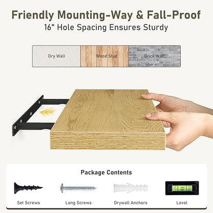 Fun Memories 32 Inch Floating Shelves Wall Shelf Set of 3, Rustic Farmhouse Home Decor Kitchen Living Room Shelves Wall Mounted, 32 x 6.7 x 1.4 Inch, Oak Color