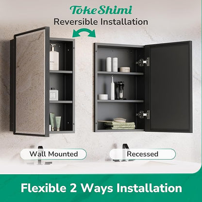 TokeShimi 15 x 36 Bathroom Medicine Cabinet Mirrored Beveled, Recessed Medicine Cabinet with Mirror for Wall, Aluminum Framed Metal Black Mirror with Storage Adjustable