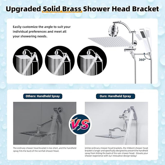 Hibbent All Metal 12'' Filtered Rainfall Shower Head with Handheld Combo, High Pressure Shower Wand, 16'' Adjustable Arc Extension Arm, 20 Stage Shower Filter, 71'' Hose, Shower Head Holder, Chrome