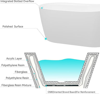 FerdY Lana'i 60" Freestanding Bathtub, Gracefully Shaped Freestanding Soaking tub, cUPC Certified, Polished Gold Drain Assembly Included