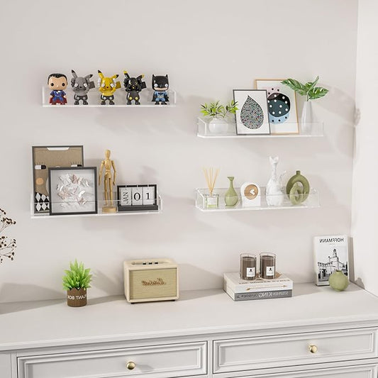 10PCS Acrylic Floating Shelves for Wall, 15" Clear Acrylic Shelves, Bathroom Shelf with Two Types of Installation, Space Saving Hanging Wall Shelf for Bathroom, Living Room, Bedroom, Kitchen