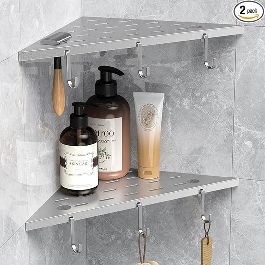 Corner Shower Shelf 10" Silver 304 Stainless Steel Recessed Shelf for Bathroom，Shower Corner Rack with Razor Hole Hook， Grout in Shelf for Tiled Wall, 2 Pack