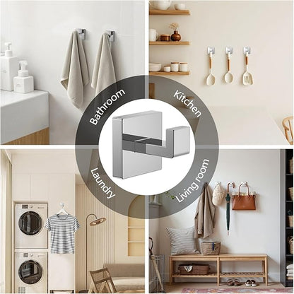 Kruodop 2 PCS Towel Hooks for Bathroom, Wall Mount Towel Holder, Black Matte Wall Robe Hook,Square Stainless Steel Door Hanger Towel Hook for Kitchen, Bedroom,Hotel,Pool,Coats（Silver）